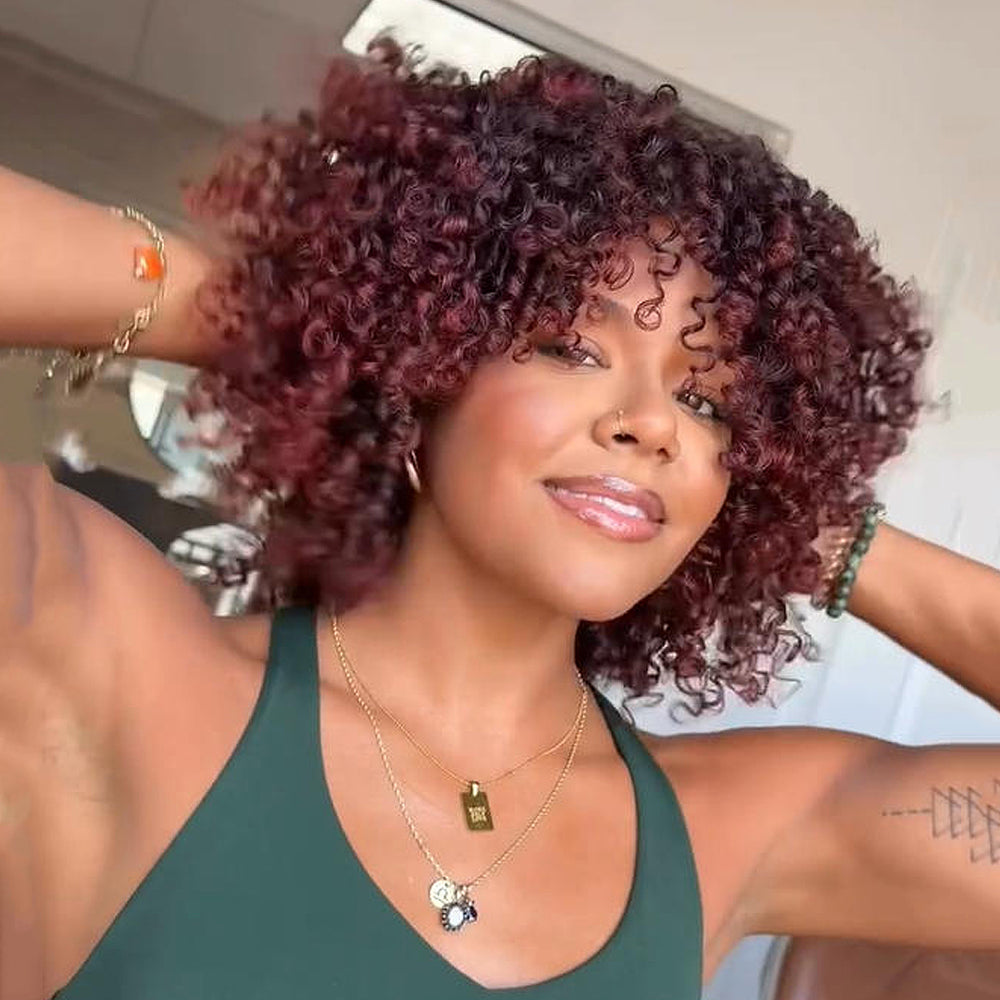 Put On & Go Red Copper Curly Bob With Bangs Human Hair Wig