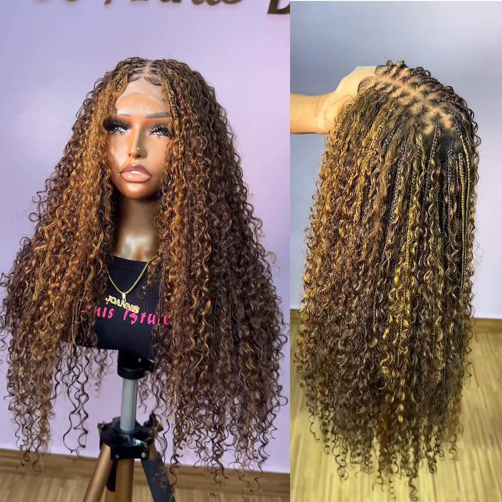 Brown Mix Blonde Full Lace Knotless Boho Curls Braided with Baby Hair Invisi Drawstring Wig