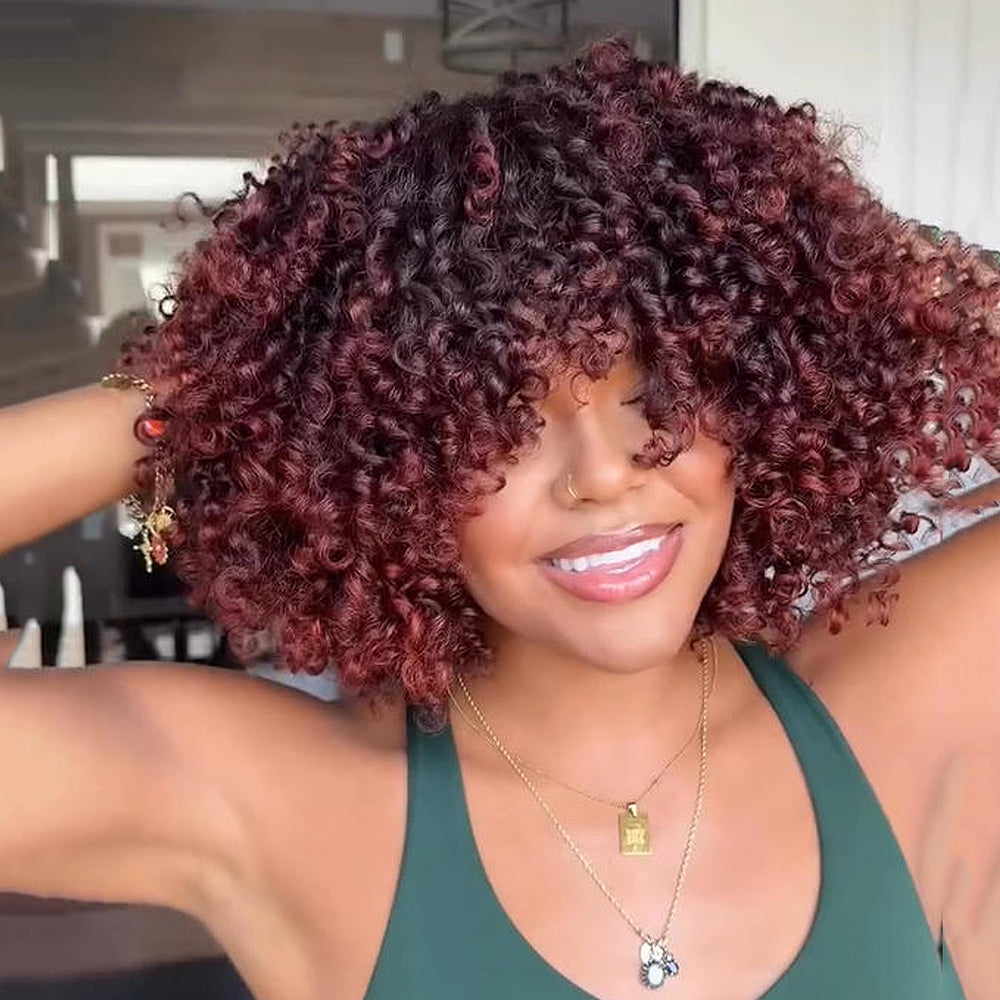 Put On & Go Red Copper Curly Bob With Bangs Human Hair Wig