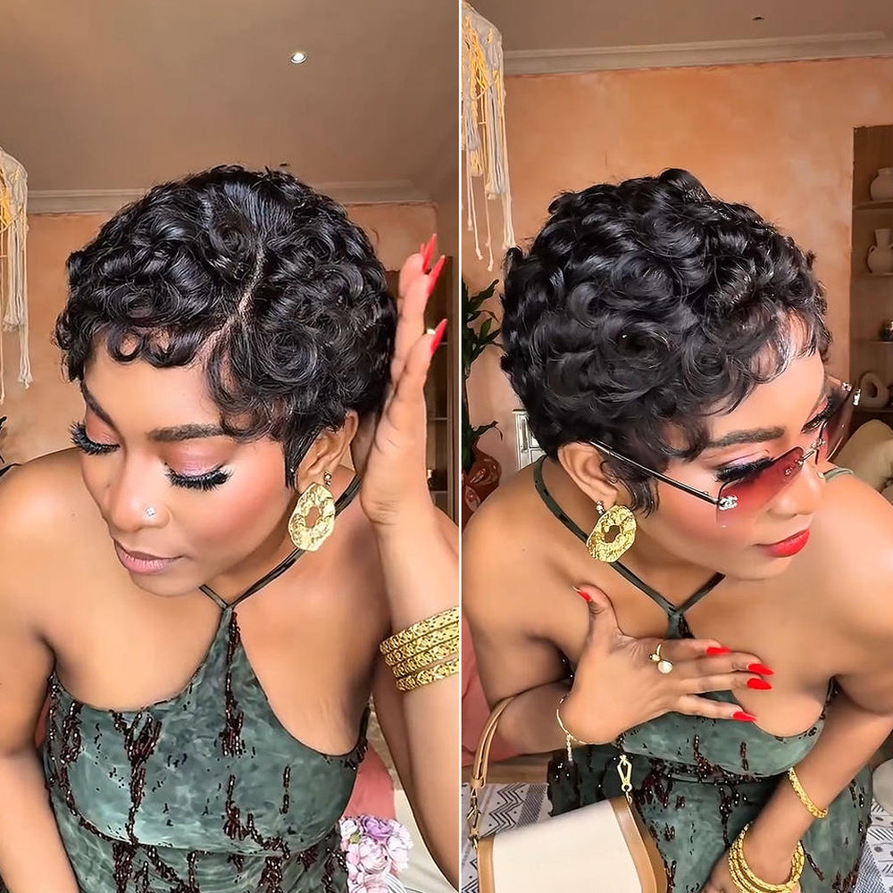 Full Lace Finger Wave Short Pixie Human Hair Wig