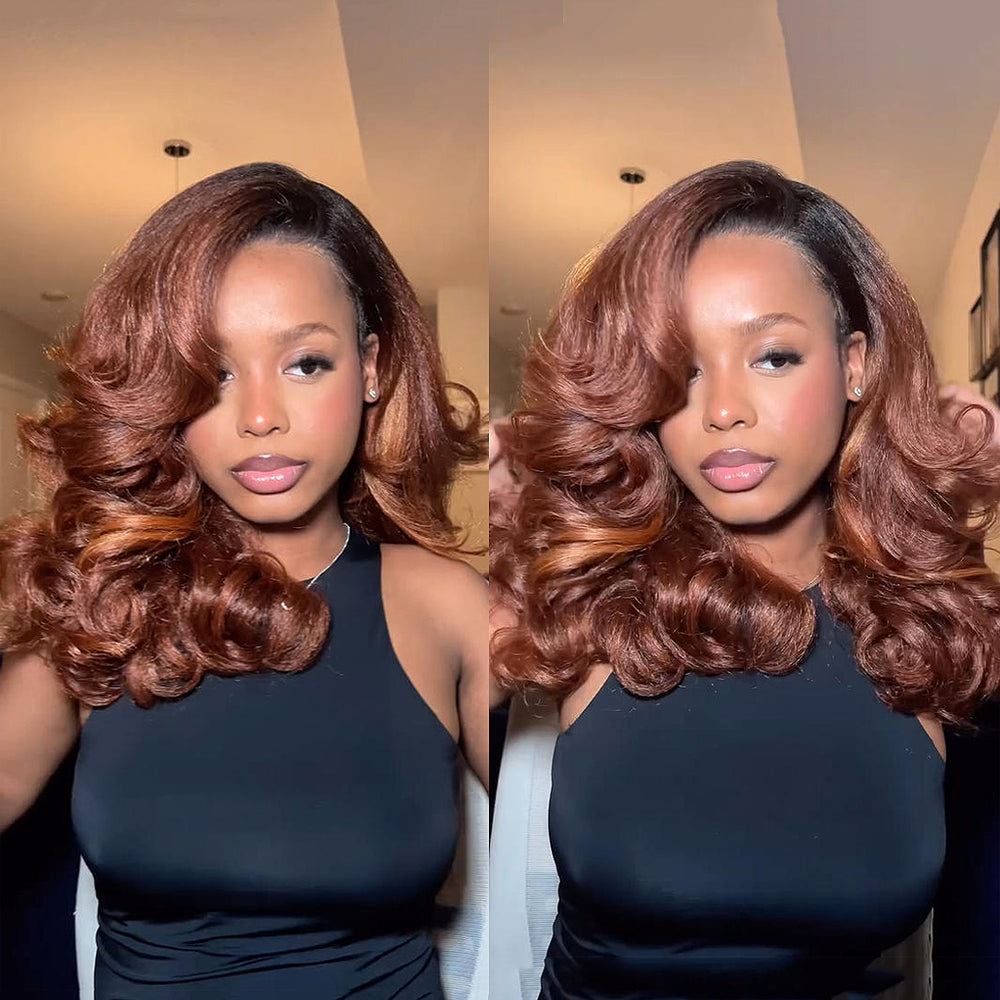 Ombre Golden Brown Blowout Layered Wavy 13×4 Lace Front Human Hair Wig