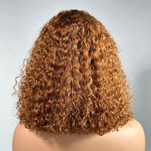 Glueless Brown Curly Bob Wig With Bangs 100% Human Hair