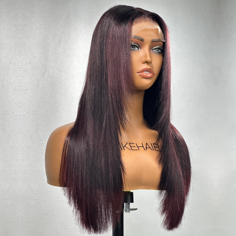 Ombre Dark Purple Plum Layered Straight Hair 5x5 Lace Closure Wig