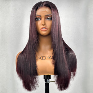 Ombre Dark Purple Plum Layered Straight Hair 5x5 Lace Closure Wig