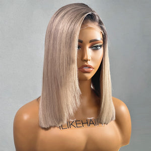 
            
                Load image into Gallery viewer, Short Ash Blonde Dark Root Straight 5x5 Lace Closure Wig
            
        