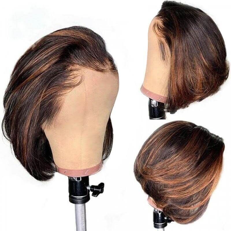 
            
                Load image into Gallery viewer, Glueless Short Pixie Cut Human Hair Lace Front Highlight Bob Wig
            
        