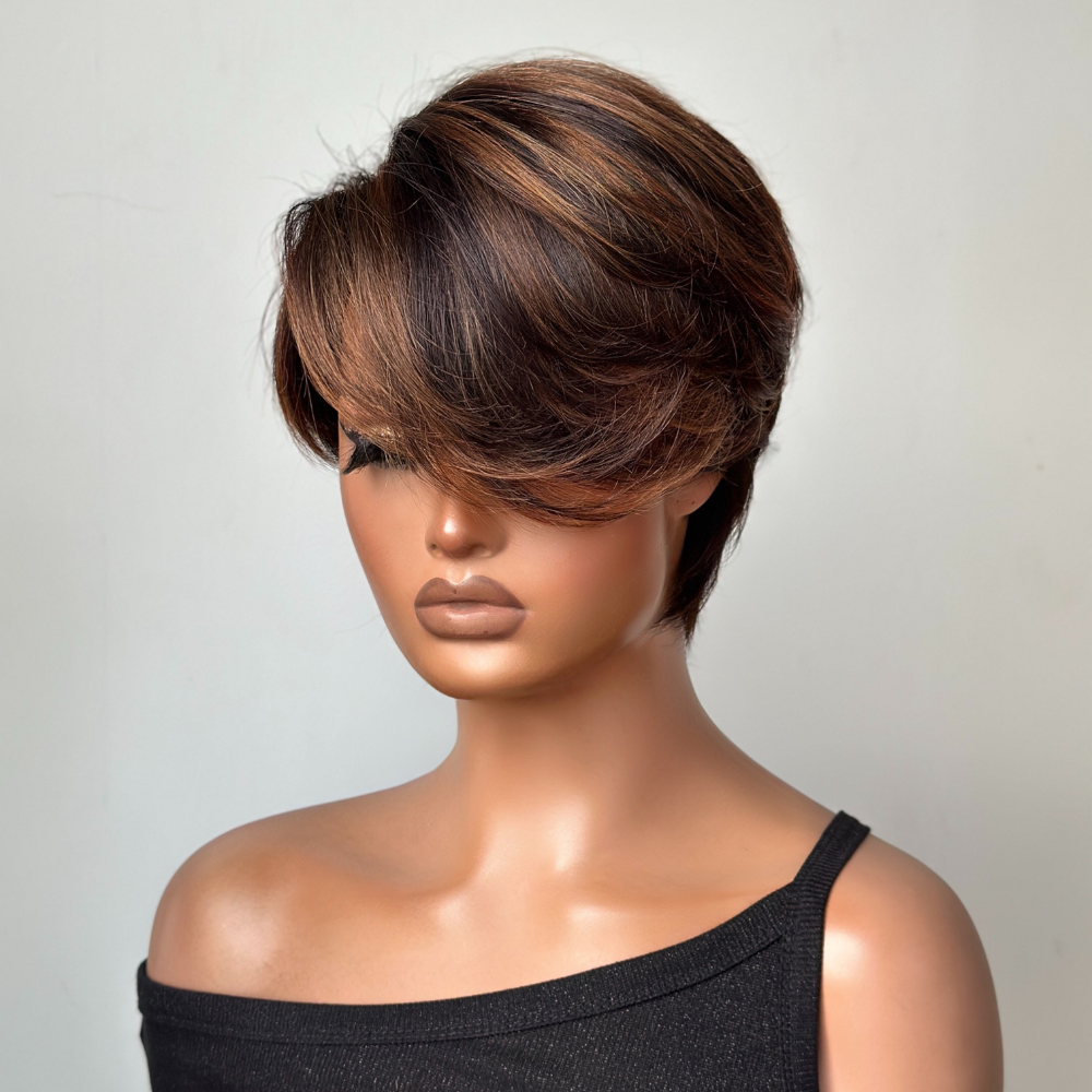 Brown Highlight Pixie Cut Wig with Bang