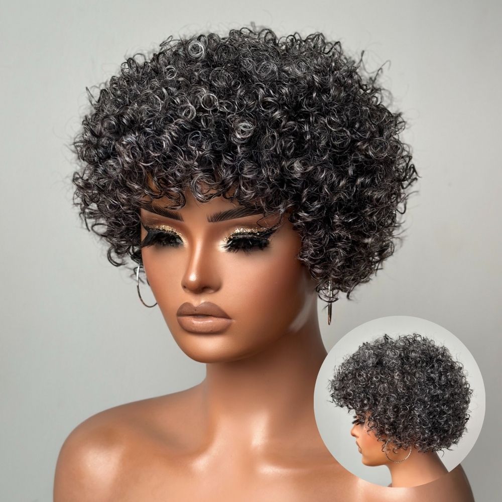 Salt & Pepper Curly Pixie Cut Glueless Wig With Bangs