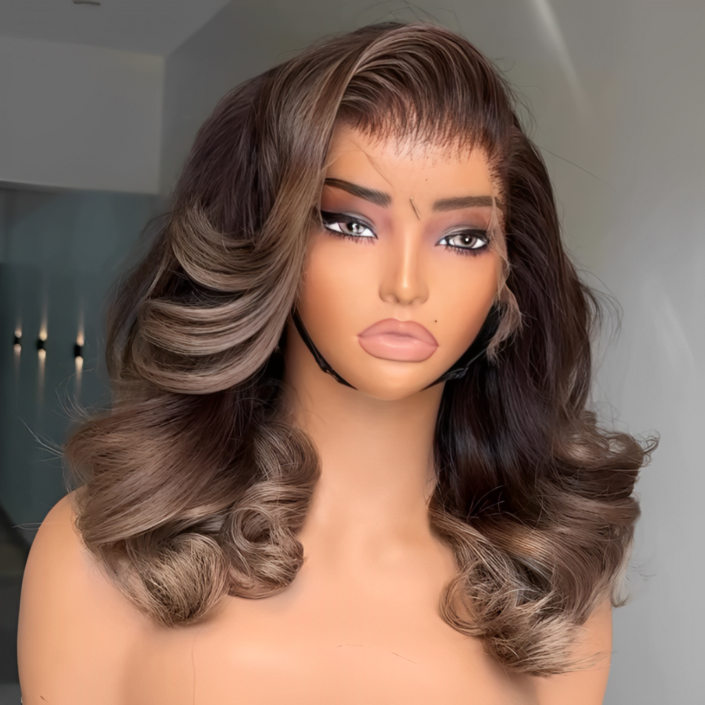 Brown With Blonde Highlight Wavy Layered Cut 13×4 Lace Frontal Wig