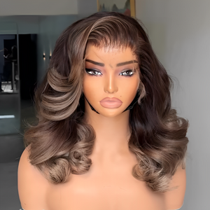 Brown With Blonde Highlight Wavy Layered Cut 13×4 Lace Frontal Wig