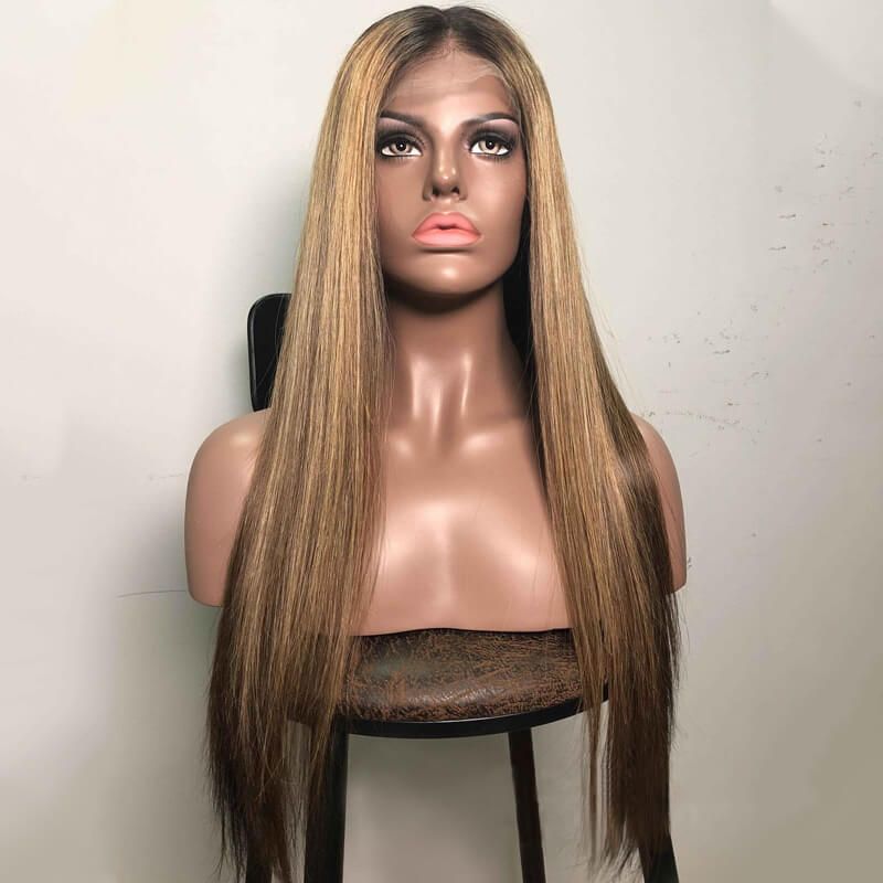 Blonde Highlights Long Straight Hair Lace Front Wig