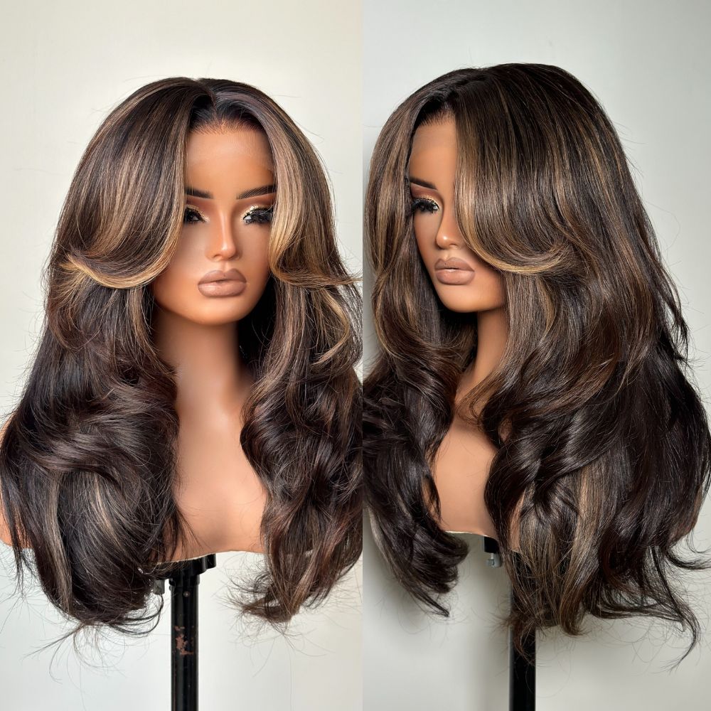 Blonde Highlights Layered Cut With Curtain Bangs Glueless Lace Wig