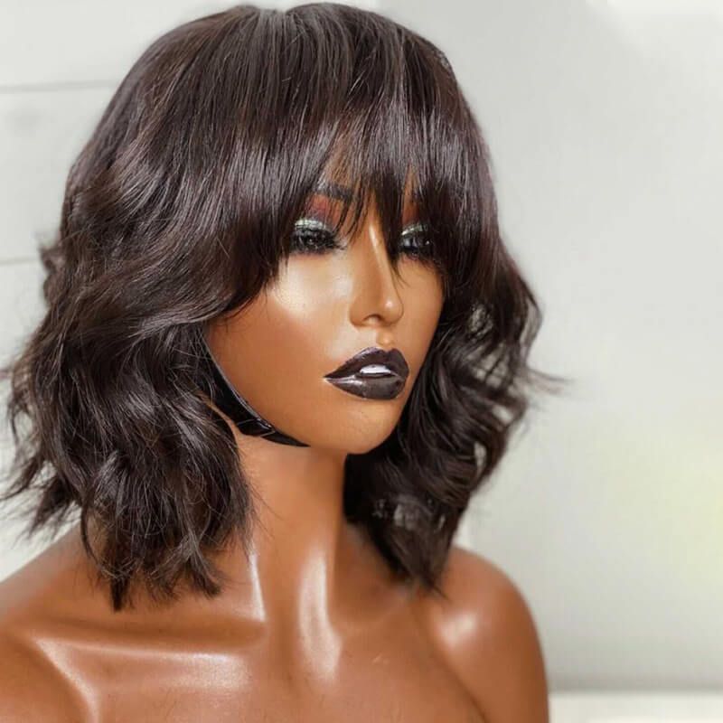 Wolf Cut Short Wavy Hair With Bangs Lace Front Wig