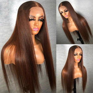 
            
                Load image into Gallery viewer, Chocolate Brown Straight Human Hair 13x4 Lace Front Wig
            
        