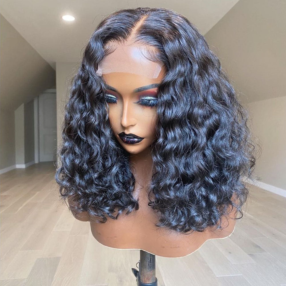 Designer Middle Part Short Curly Black Hair Lace Closure Wig Human Hair