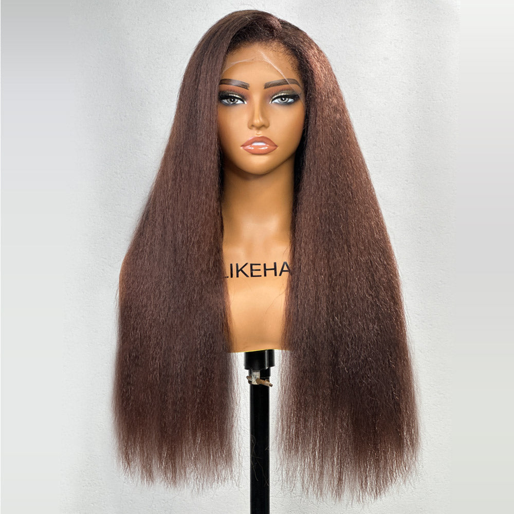 
            
                Load image into Gallery viewer, Brown Kinky Straight 4C Kinky Edge HD Lace Frontal Wig
            
        