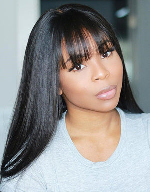
            
                Load image into Gallery viewer, Black Long Straight 4x4 Lace Glueless Wig With Bang
            
        