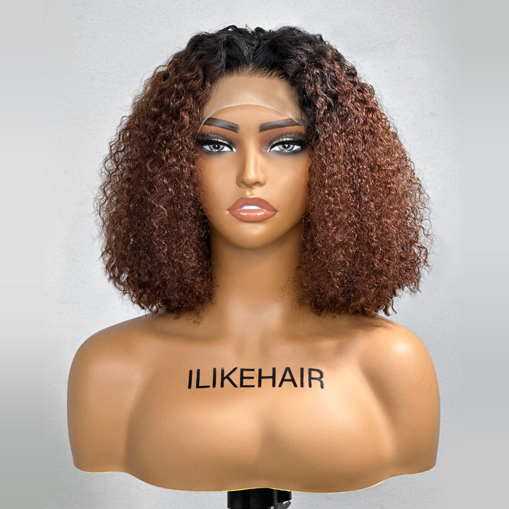 13x4 Lace Frontal Brown Ombre Colored Curly Bob Wig