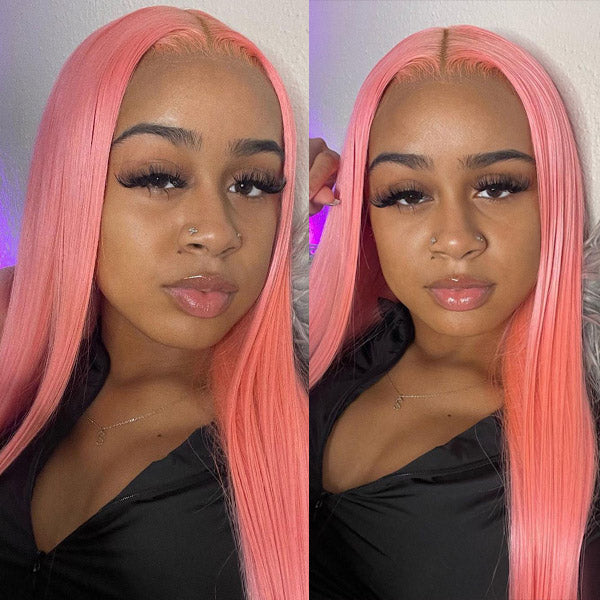 Salmon Pink Color 13*4 Lace Front Wig Human Hair Color Wig