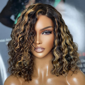 
            
                Load image into Gallery viewer, Highlight Honey Blonde Deep Curly Glueless Lace Bob Wig
            
        