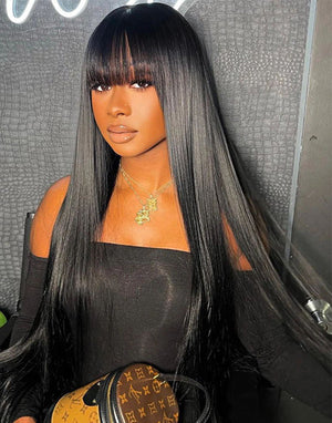 
            
                Load image into Gallery viewer, Black Long Straight 4x4 Lace Glueless Wig With Bang
            
        