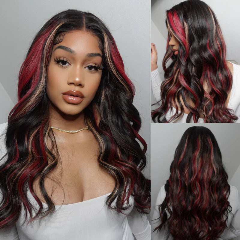 
            
                Load image into Gallery viewer, Burgundy With Blonde Highlights Body Wavy Wig
            
        