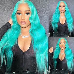 
            
                Load image into Gallery viewer, Funky Colored Wigs | Glueless 13x4 Mint Green Body Wave Pre Cut HD Transaparent Lace Human Hair Wigs
            
        