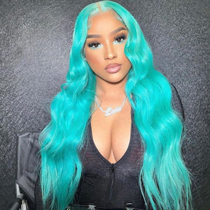 
            
                Load image into Gallery viewer, Funky Colored Wigs | Glueless 13x4 Mint Green Body Wave Pre Cut HD Transaparent Lace Human Hair Wigs
            
        