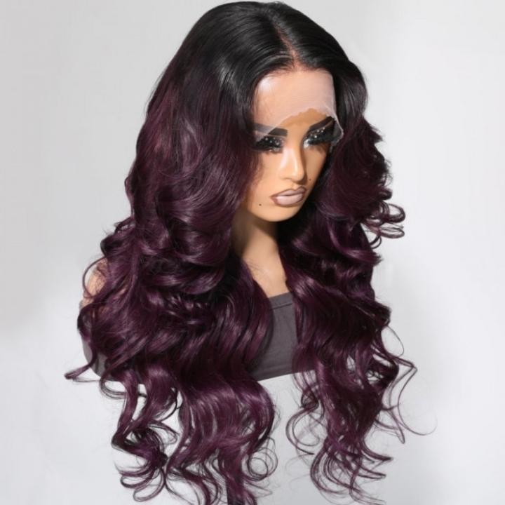 
            
                Load image into Gallery viewer, Funky Colored Wigs Smokey Deep Purple 13x4 Lace Front Body Wave Wig With Black Roots Ombre Colored  HD Lace Human Hair Wigs
            
        