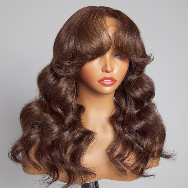 Chestnut Brown Loose Wave Curtain Bang Glueless 5x5 HD Lace Closure Wig
