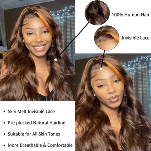 
            
                Load image into Gallery viewer, Money Piece Ginger Body Wave HD Transparent Lace Front Wigs Glueless Skunk Stripe Orange Human Hair Wigs
            
        