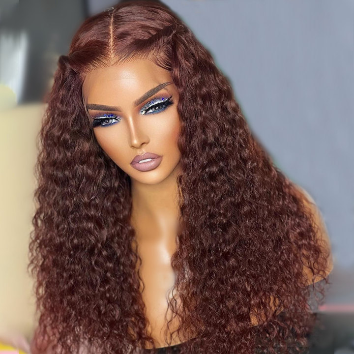 
            
                Load image into Gallery viewer, Reddish Brown Spanish Curly 13x4 HD Lace Front Wig Colored HD Transparent Lace Curly Human Hair Wigs
            
        