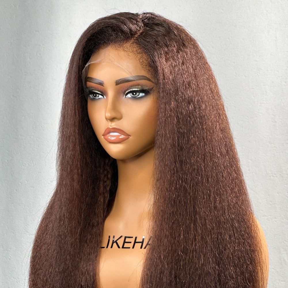 Brown Kinky Straight 4C Kinky Edge HD Lace Frontal Wig